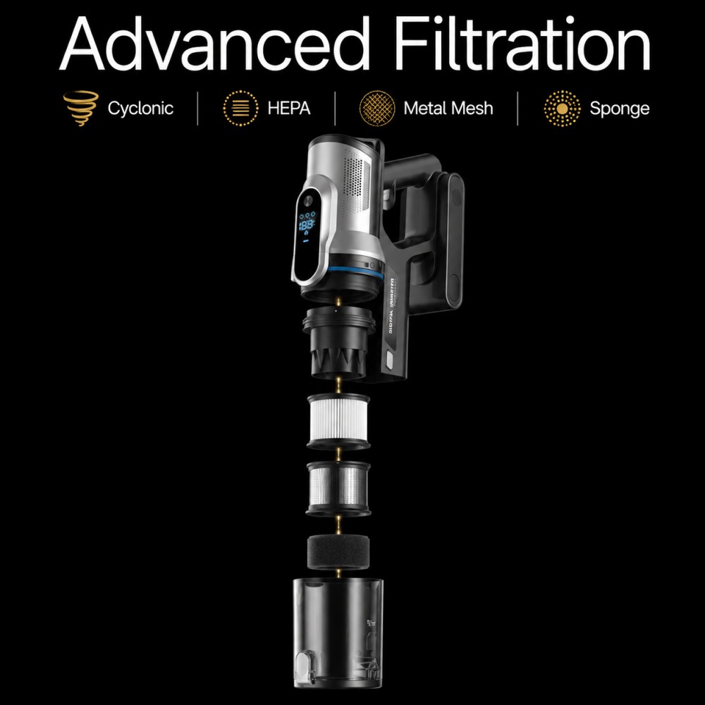 BLDC Brushless Motor: Delivers 27kPa suction with <75dB noise, ideal for quiet environments| HEPA Cyclonic Filtration: Traps 99.97% fine dust and allergens, perfect for sensitive households| Modular Accessory Ecosystem: Supports 7+ nozzles for pet grooming, car interiors, and more|