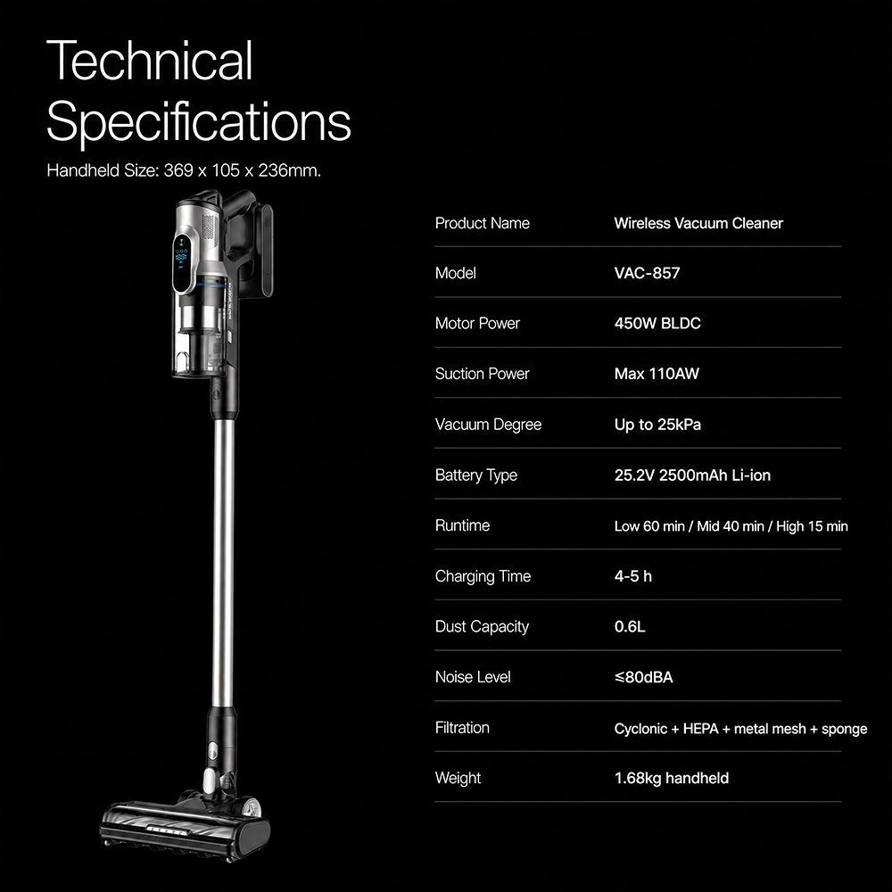 BLDC Brushless Motor: Delivers 27kPa suction with <75dB noise, ideal for quiet environments| HEPA Cyclonic Filtration: Traps 99.97% fine dust and allergens, perfect for sensitive households| Modular Accessory Ecosystem: Supports 7+ nozzles for pet grooming, car interiors, and more|