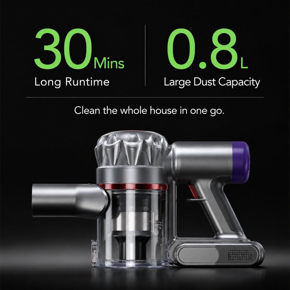 Three-Speed Control: Adapts suction for carpets, hardwood floors, and car interiors—maximizes versatility with one device| Bagless Cyclone Filtration: Prevents clogging and maintains strong suction—no replacement bags needed, saving long-term costs| 0.8L Large Dust Capacity: Reduces emptying frequency—ideal for large homes or commercial use, boosting cleaning efficiency|