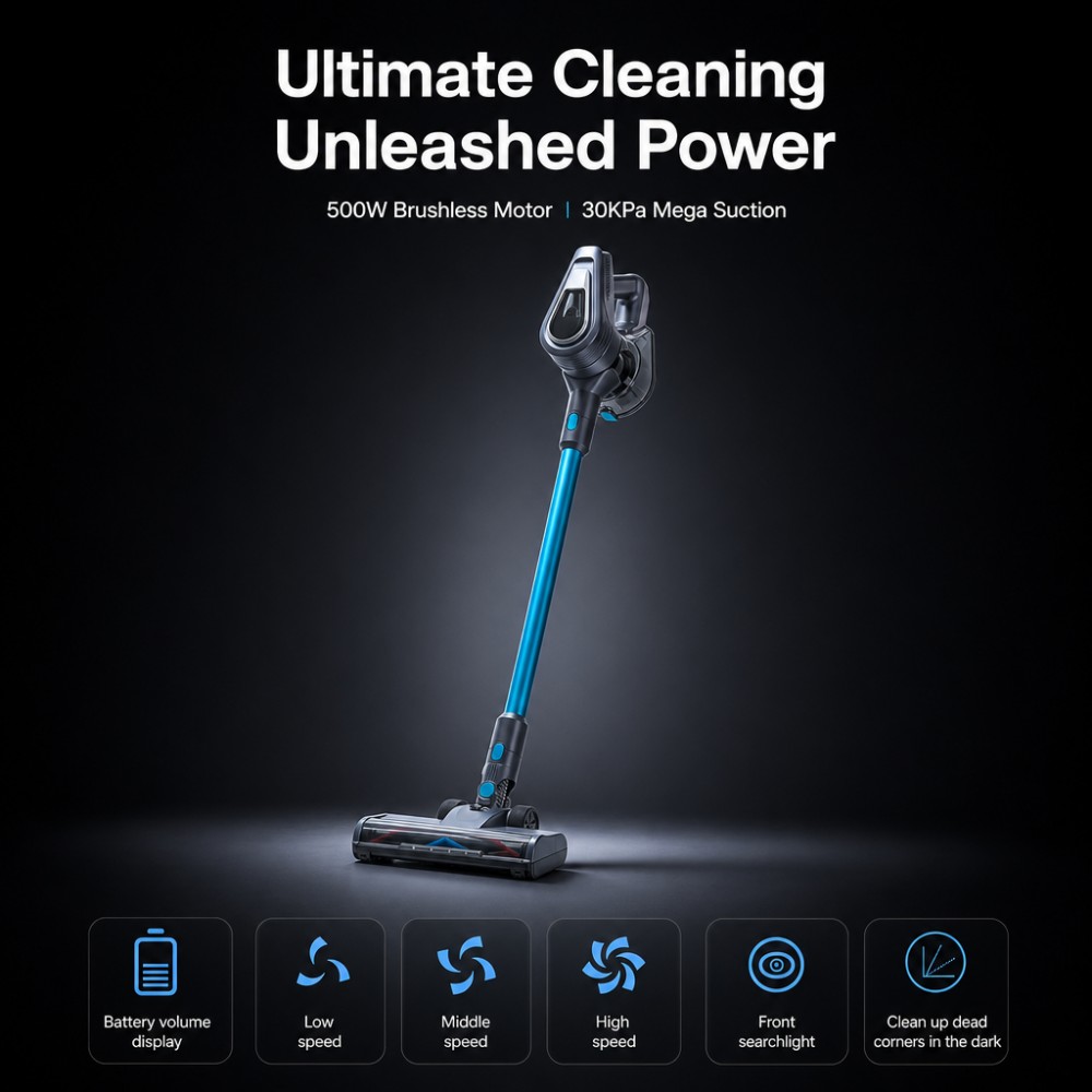 500W BLDC Brushless Motor: Delivers consistent high-power performance, reducing motor wear and replacement frequency over time| 30KPa High Vacuum Suction: Effectively removes deep-set dust from carpets and debris from floor gaps, achieving clean results in a single pass| 3-Speed Control: Intelligently adjusts suction for different surfaces (carpet/tile/car interior), saving energy and extending battery life|
