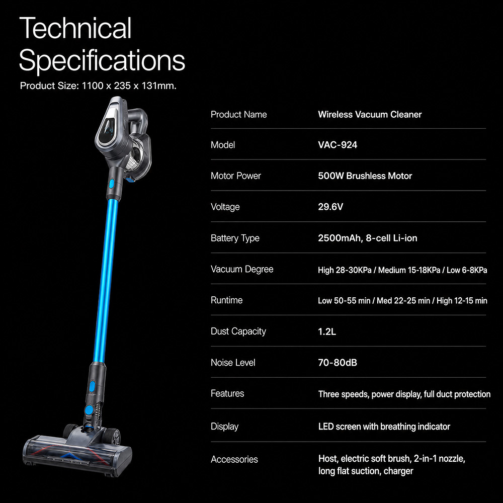 500W BLDC Brushless Motor: Delivers consistent high-power performance, reducing motor wear and replacement frequency over time| 30KPa High Vacuum Suction: Effectively removes deep-set dust from carpets and debris from floor gaps, achieving clean results in a single pass| 3-Speed Control: Intelligently adjusts suction for different surfaces (carpet/tile/car interior), saving energy and extending battery life|