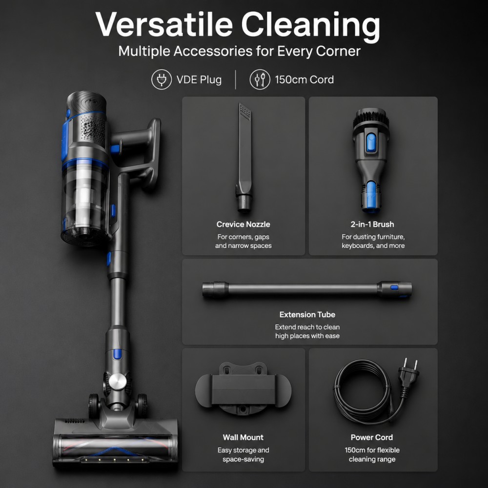 • Baby-Safe Quiet Vacuum | E11 Allergen Filtration | One-Touch Dust Ejection• Compact Cordless Vacuum | 1.8kg Lightweight Design | Perfect for Small Families• Must-Have for Pet Owners | Powerful Pet Hair Pickup | Low Noise Won’t Scare Pets• All-in-One Wall Mount Charging Dock | Space-Saving & Always Ready• 3-Level Auto-Adjust Suction | Safe on Hardwood & Carpet | Scratch-Free