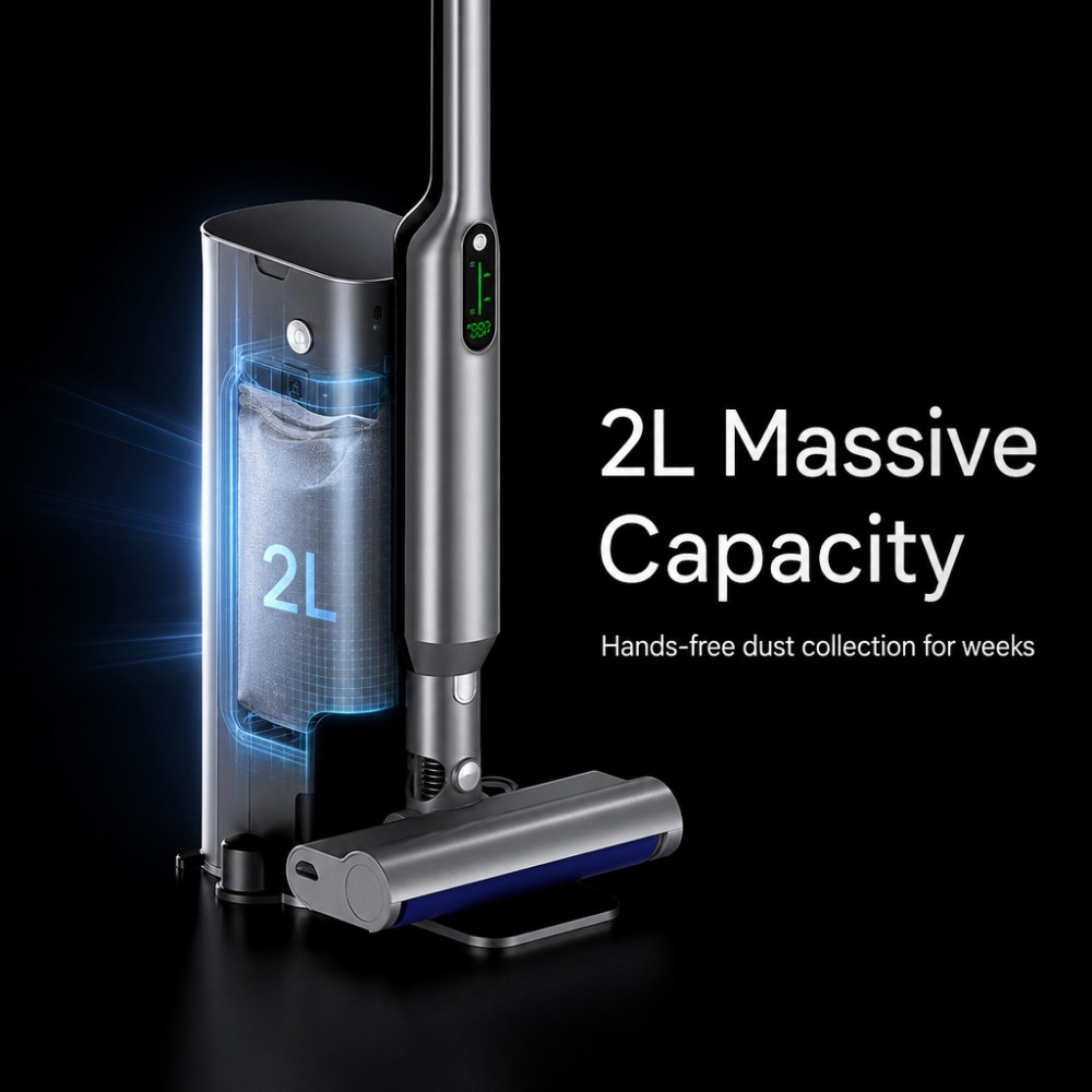 Self-emptying auto-cleaning charging base = higher-end feature for private label. The base automatically charges and clears dust, improving convenience and helping brands move upmarket.