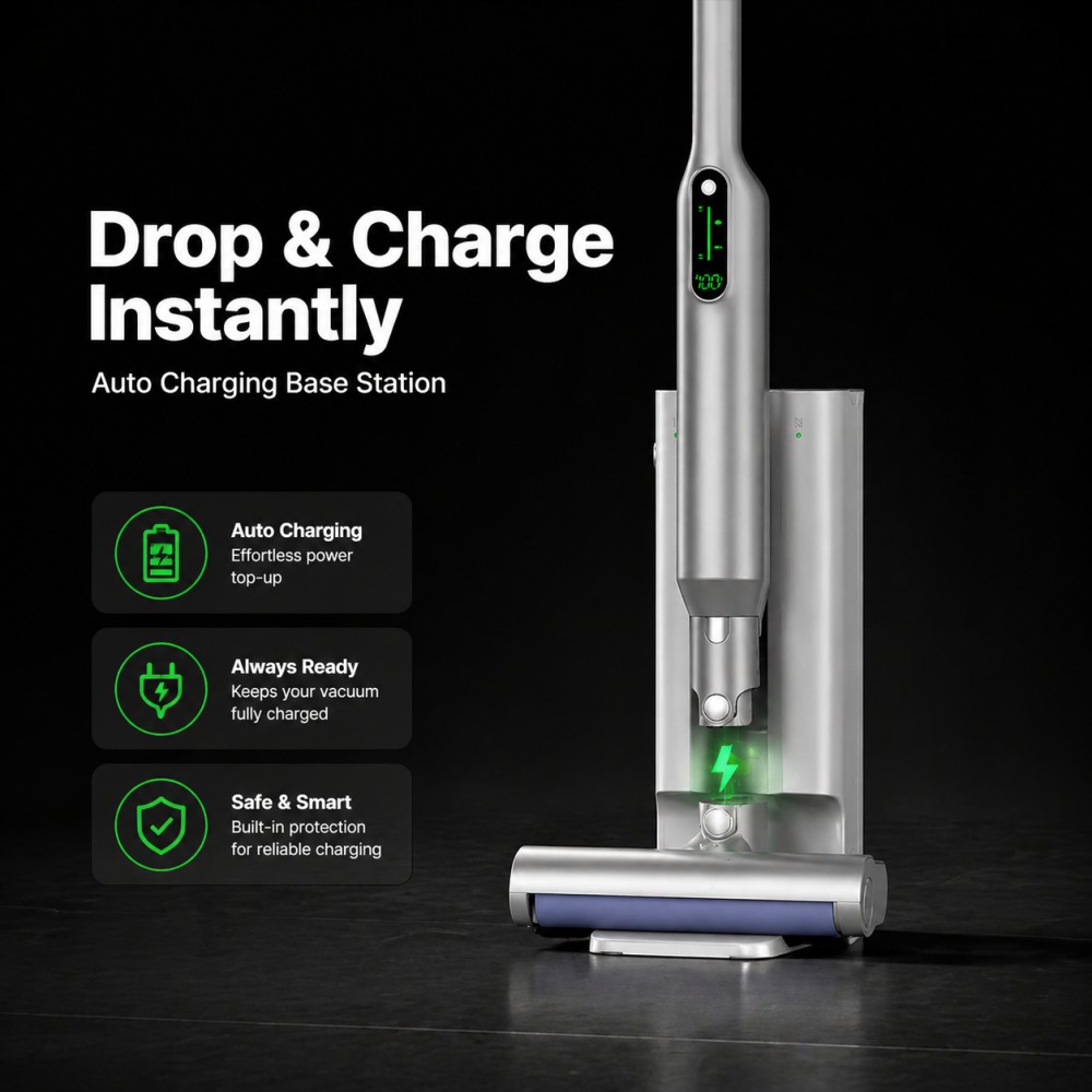 Self-emptying auto-cleaning charging base = higher-end feature for private label. The base automatically charges and clears dust, improving convenience and helping brands move upmarket.