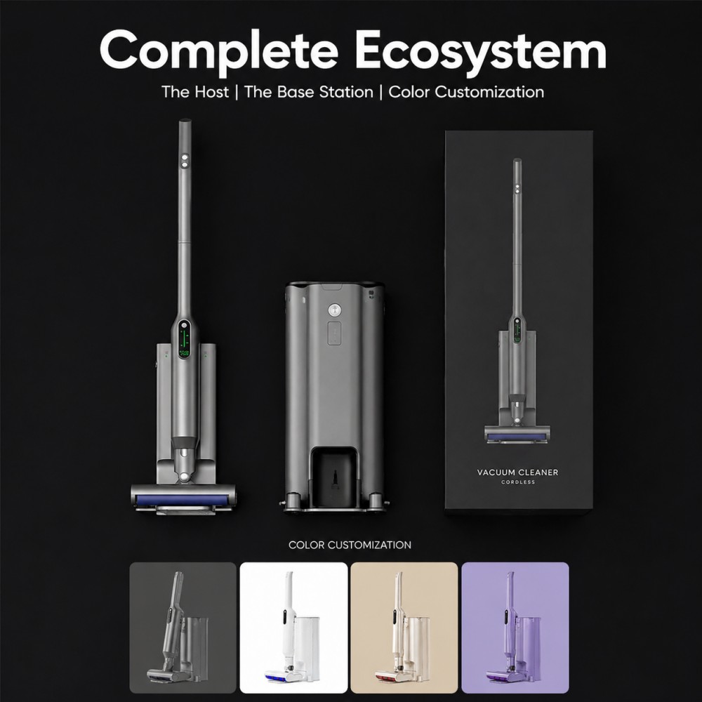 Self-emptying auto-cleaning charging base = higher-end feature for private label. The base automatically charges and clears dust, improving convenience and helping brands move upmarket.