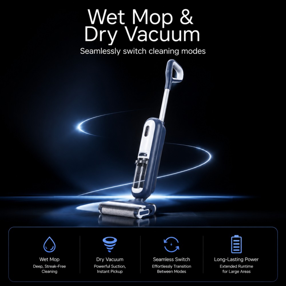 Separate tanks: 0.5L clean and 0.42L dirty water to help keep cleaning hygienic. Clear performance positioning: Smart 5–7kPa and Dry 4–6kPa, with up to 25 min runtime (dry mode). No hot-air drying (explicit), helping set correct expectations and reduce returns.