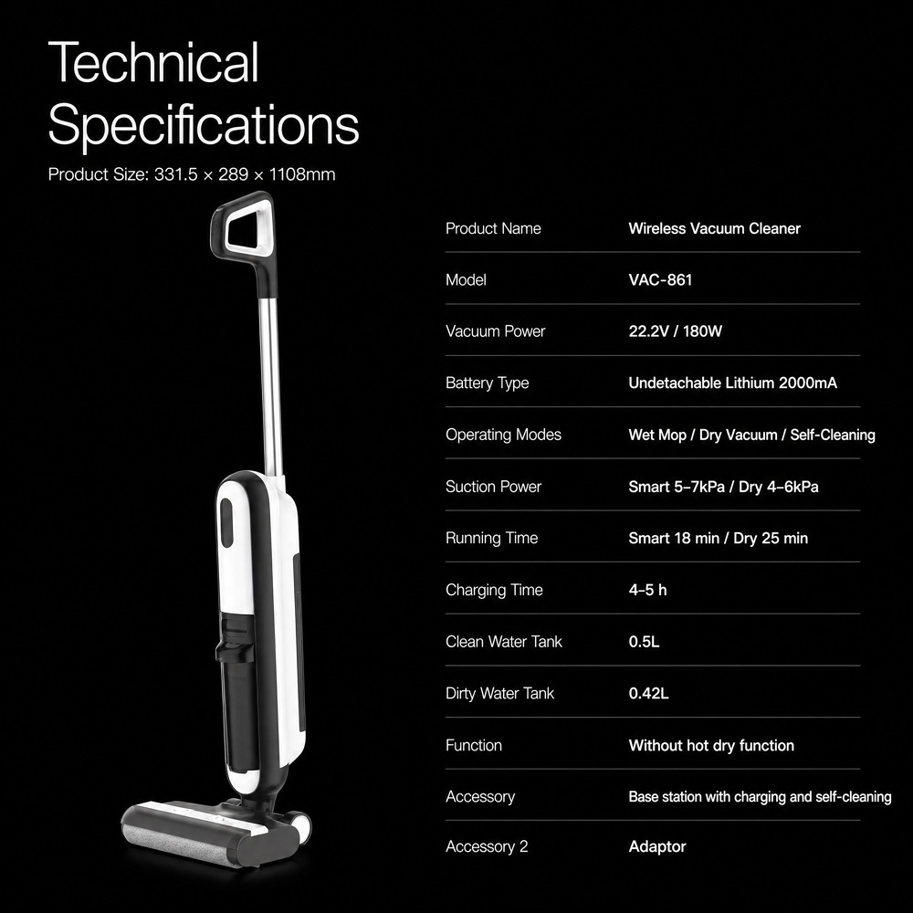 Separate tanks: 0.5L clean and 0.42L dirty water to help keep cleaning hygienic. Clear performance positioning: Smart 5–7kPa and Dry 4–6kPa, with up to 25 min runtime (dry mode). No hot-air drying (explicit), helping set correct expectations and reduce returns.