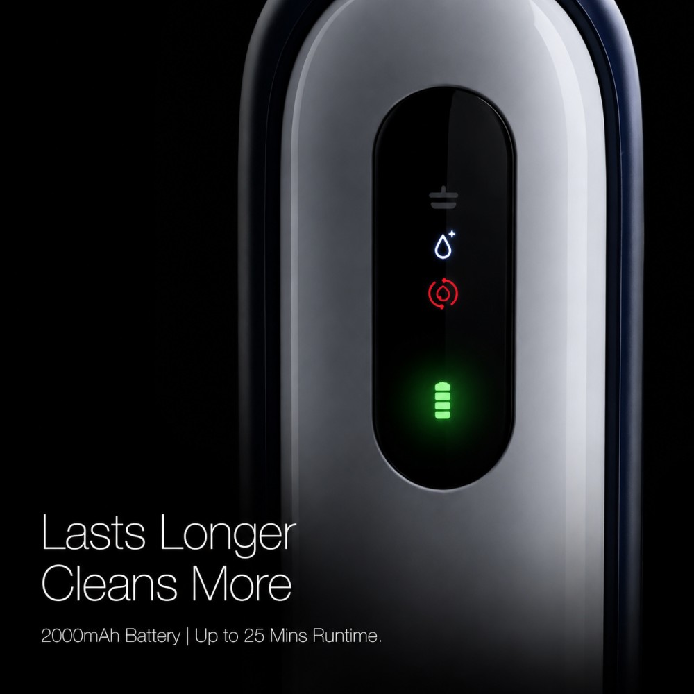 Separate tanks: 0.5L clean and 0.42L dirty water to help keep cleaning hygienic. Clear performance positioning: Smart 5–7kPa and Dry 4–6kPa, with up to 25 min runtime (dry mode). No hot-air drying (explicit), helping set correct expectations and reduce returns.