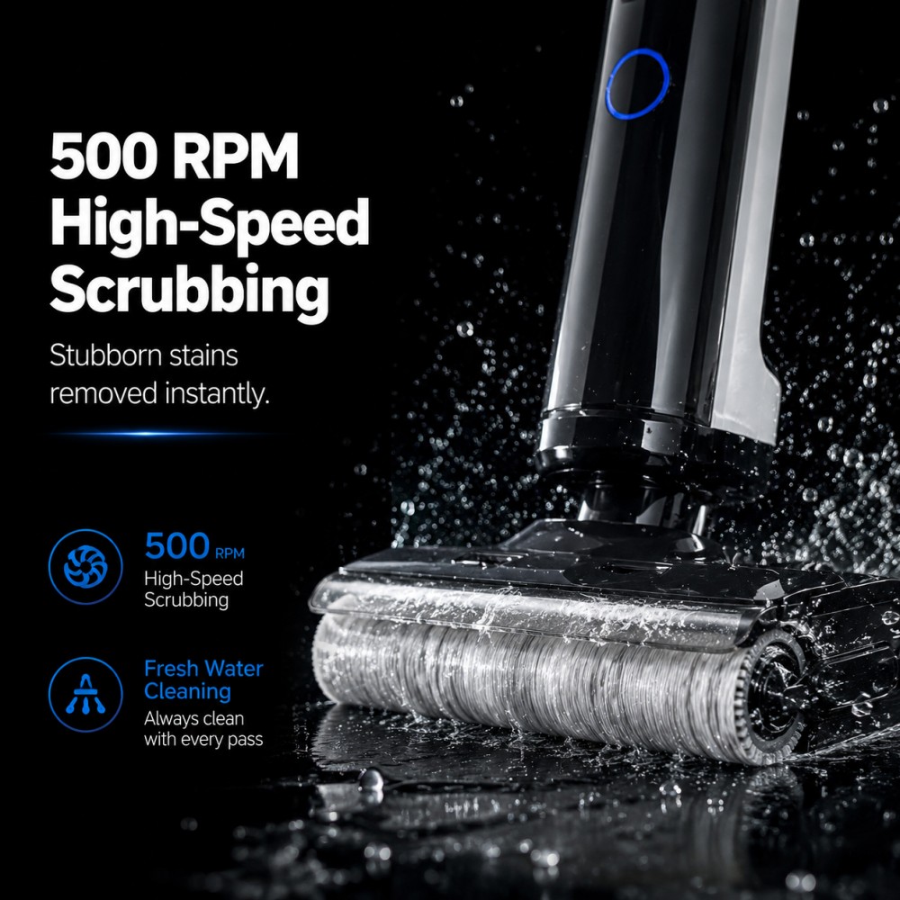 Wet & dry floor cleaning with BLDC 200W motor and clear mode selection on LED display| 4 mode performance up to 15kPa (Turbo), plus a dedicated Dry mode with reduced water flow|