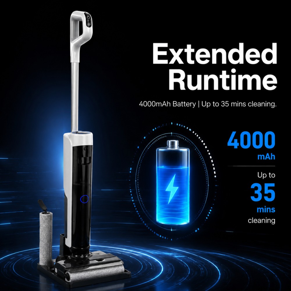 Wet & dry floor cleaning with BLDC 200W motor and clear mode selection on LED display| 4 mode performance up to 15kPa (Turbo), plus a dedicated Dry mode with reduced water flow|