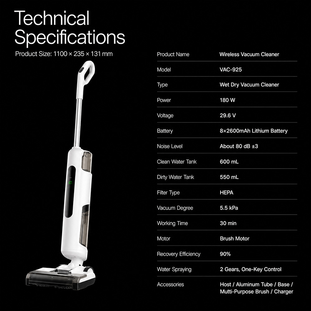 Cordless wet & dry vacuum cleaner with dual-tank system (600ml clean / 550ml dirty) — keeps clean/dirty water separated for better floor washing results| One-key 2-gear water spray — simple control for different floor conditions, ideal for retail-friendly user experience|