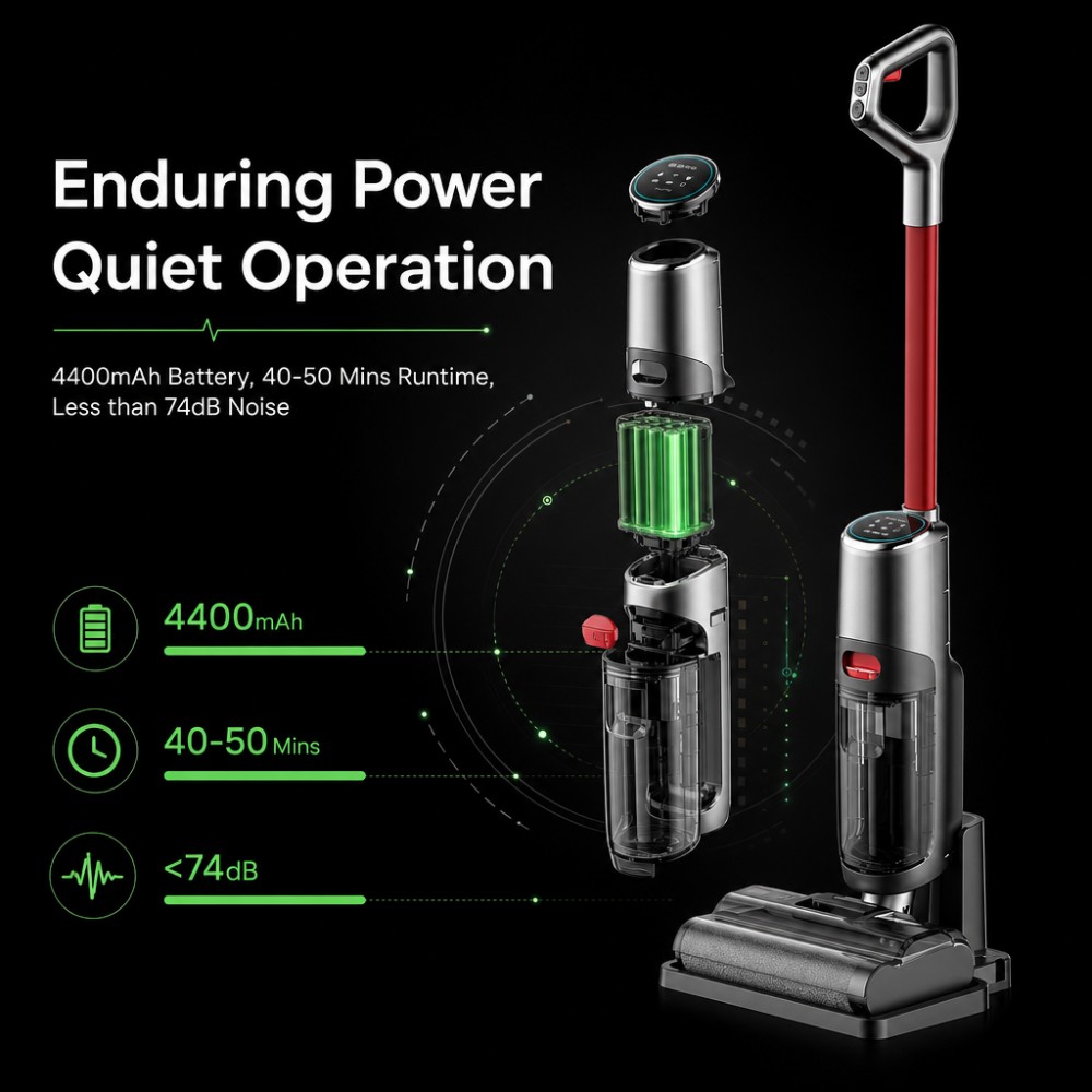 One-click self-cleaning + vertical auto shutdown for user-friendly operation. Lowers maintenance burden and improves safety perception for end-users.  Smart interaction: no-water alarm, voice prompts, and intelligent visualization. Helps brands market a “smart floor washer” experience and differentiate in crowded categories.