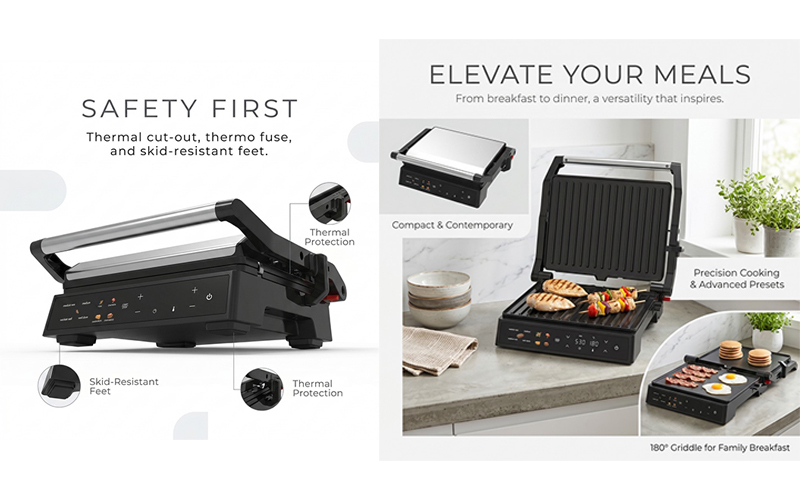 180° Open Electric Grill | 90-Min Auto Shut-Off | Ideal for Busy Parents