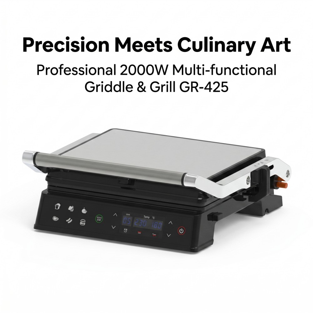electric contact grill with digital temperature control and removable plates OEM electric grill with customizable plug types 2000W electric grill for household and outdoor use CE certified foldable double-sided electric griddle private label electric grill with low MOQ trial order smokeless electric grill for hotel kitchen use gift box packaged electric grill for holiday gifting large 29x24cm cooking surface electric grill export electric grill with English operation interface electric grill manufacturer with private mold capability