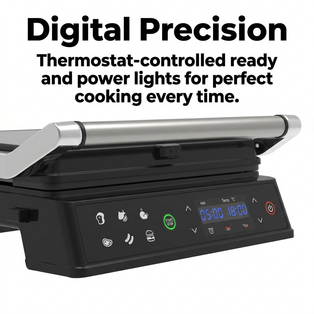 electric contact grill with digital temperature control and removable plates OEM electric grill with customizable plug types 2000W electric grill for household and outdoor use CE certified foldable double-sided electric griddle private label electric grill with low MOQ trial order smokeless electric grill for hotel kitchen use gift box packaged electric grill for holiday gifting large 29x24cm cooking surface electric grill export electric grill with English operation interface electric grill manufacturer with private mold capability