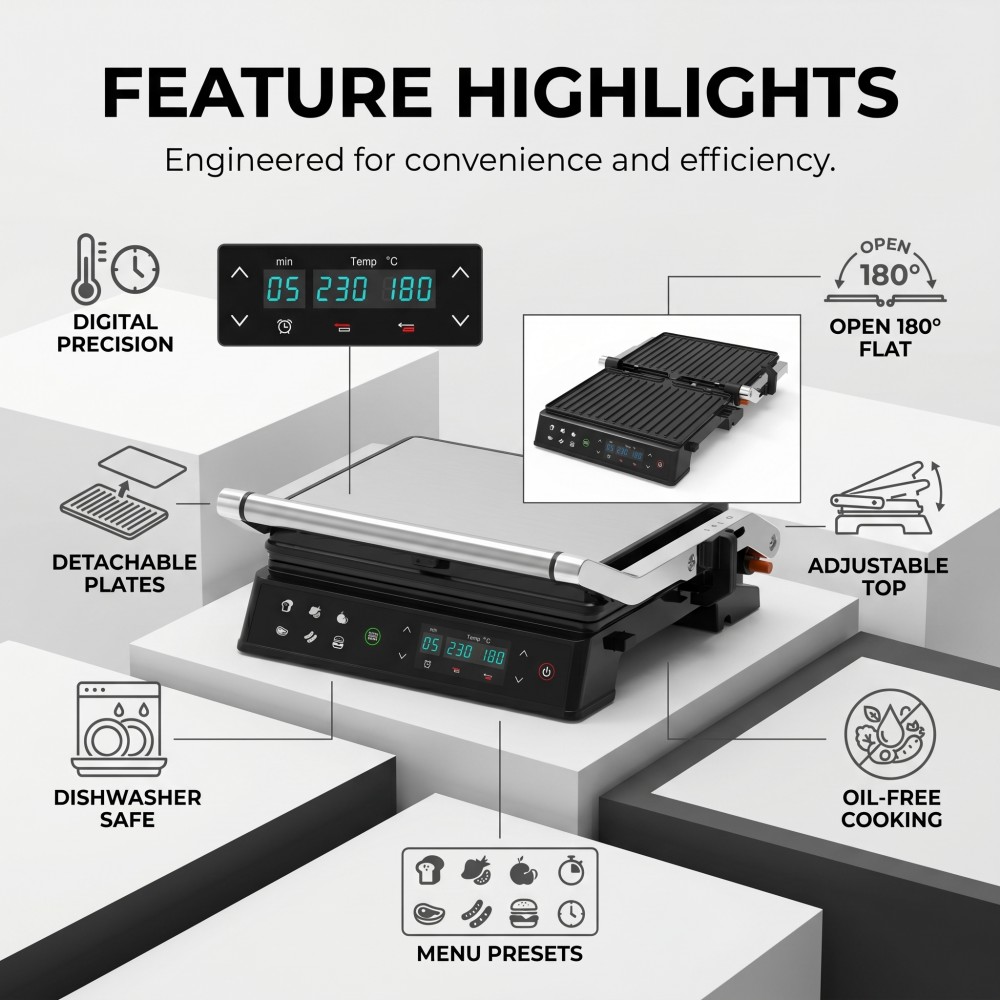 electric contact grill with digital temperature control and removable plates OEM electric grill with customizable plug types 2000W electric grill for household and outdoor use CE certified foldable double-sided electric griddle private label electric grill with low MOQ trial order smokeless electric grill for hotel kitchen use gift box packaged electric grill for holiday gifting large 29x24cm cooking surface electric grill export electric grill with English operation interface electric grill manufacturer with private mold capability