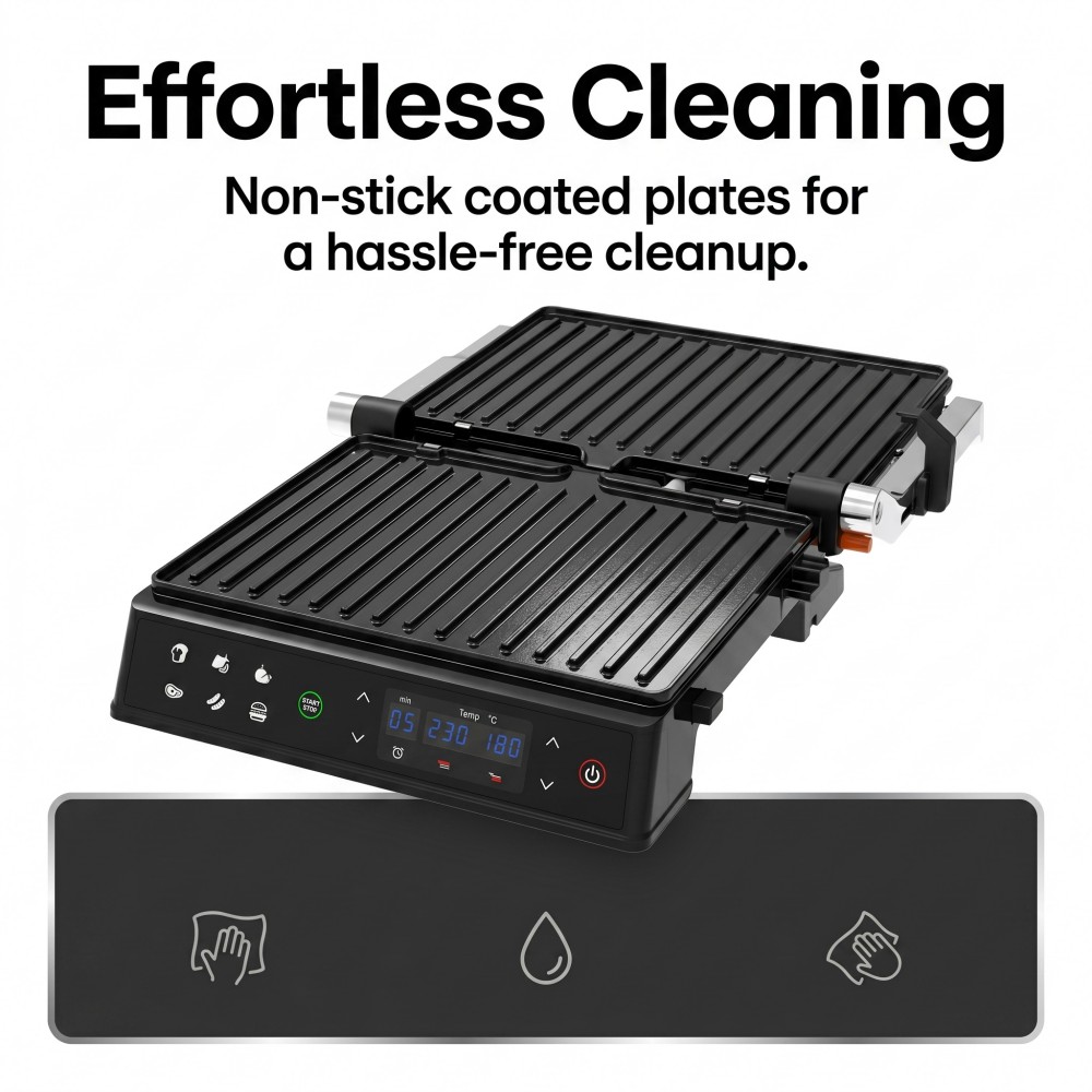 electric contact grill with digital temperature control and removable plates OEM electric grill with customizable plug types 2000W electric grill for household and outdoor use CE certified foldable double-sided electric griddle private label electric grill with low MOQ trial order smokeless electric grill for hotel kitchen use gift box packaged electric grill for holiday gifting large 29x24cm cooking surface electric grill export electric grill with English operation interface electric grill manufacturer with private mold capability