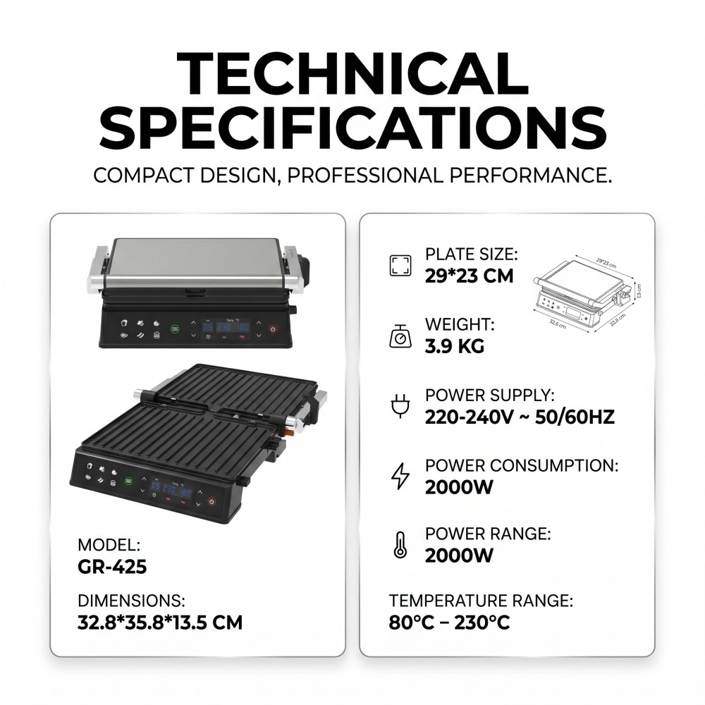 electric contact grill with digital temperature control and removable plates OEM electric grill with customizable plug types 2000W electric grill for household and outdoor use CE certified foldable double-sided electric griddle private label electric grill with low MOQ trial order smokeless electric grill for hotel kitchen use gift box packaged electric grill for holiday gifting large 29x24cm cooking surface electric grill export electric grill with English operation interface electric grill manufacturer with private mold capability