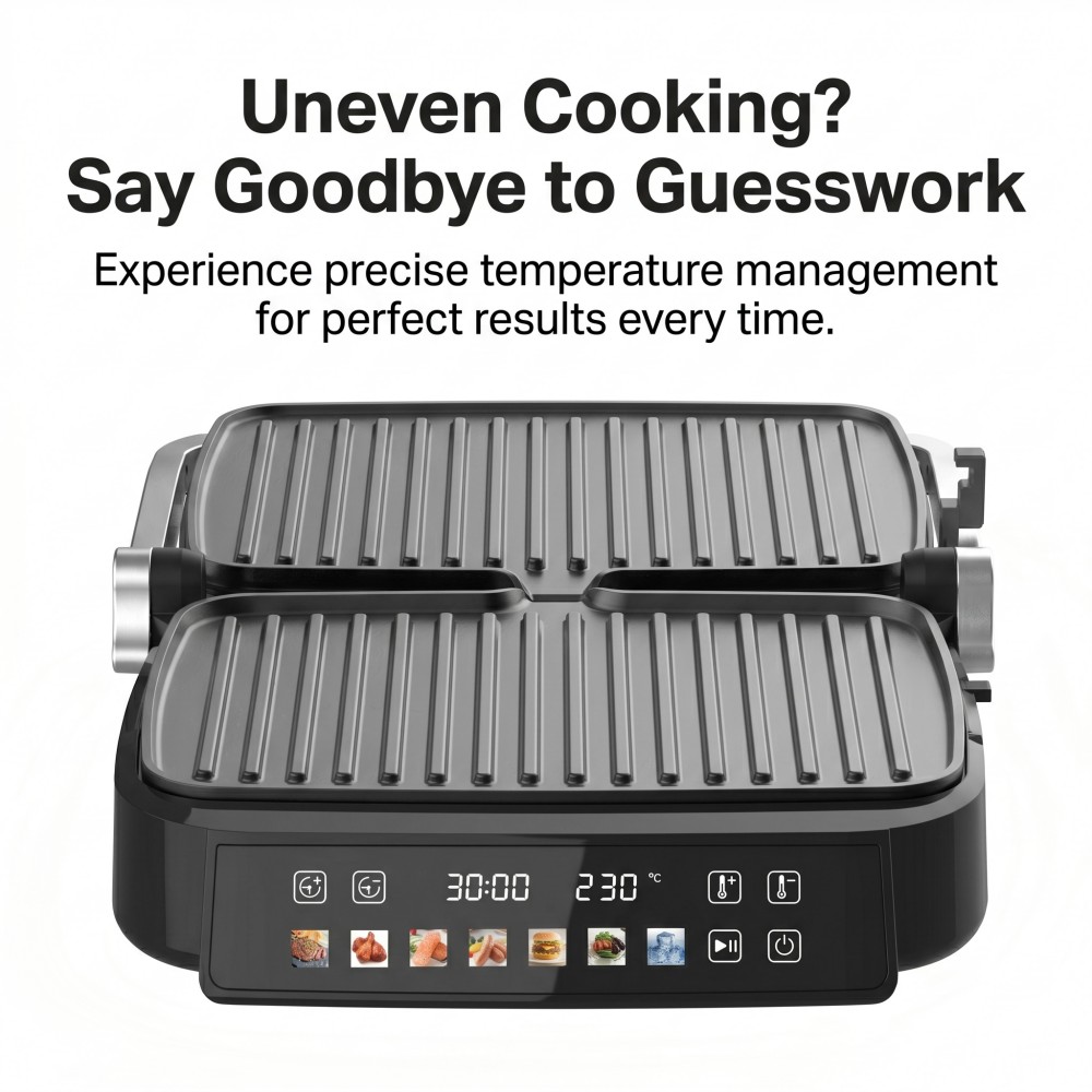 large electric grill with temperature control non-stick electric grill for home and small restaurant commercial panini press machine with OEM support energy-efficient electric grill with CE certification double-sided grill with removable non-stick plates 2000W stainless steel electric grill fast-heating contact grill for western fast food shop wholesale electric grill with warranty service easy-to-clean commercial sandwich maker multi-language operation electric grill