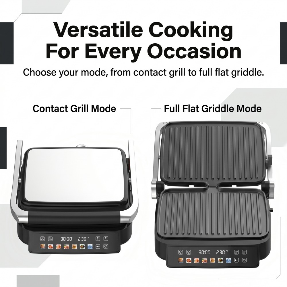 large electric grill with temperature control non-stick electric grill for home and small restaurant commercial panini press machine with OEM support energy-efficient electric grill with CE certification double-sided grill with removable non-stick plates 2000W stainless steel electric grill fast-heating contact grill for western fast food shop wholesale electric grill with warranty service easy-to-clean commercial sandwich maker multi-language operation electric grill