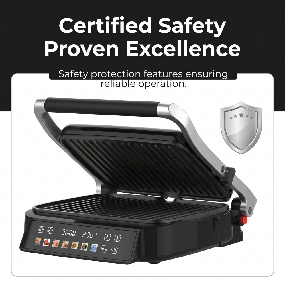 large electric grill with temperature control non-stick electric grill for home and small restaurant commercial panini press machine with OEM support energy-efficient electric grill with CE certification double-sided grill with removable non-stick plates 2000W stainless steel electric grill fast-heating contact grill for western fast food shop wholesale electric grill with warranty service easy-to-clean commercial sandwich maker multi-language operation electric grill
